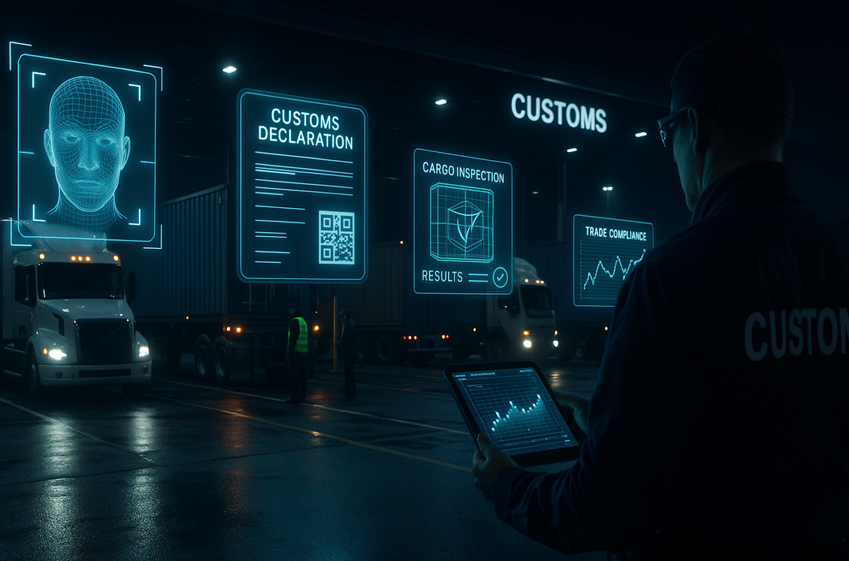 Punto de control de aduanas moderno con interfaces tecnológicas representando la reforma a la Ley Aduanera 2025.